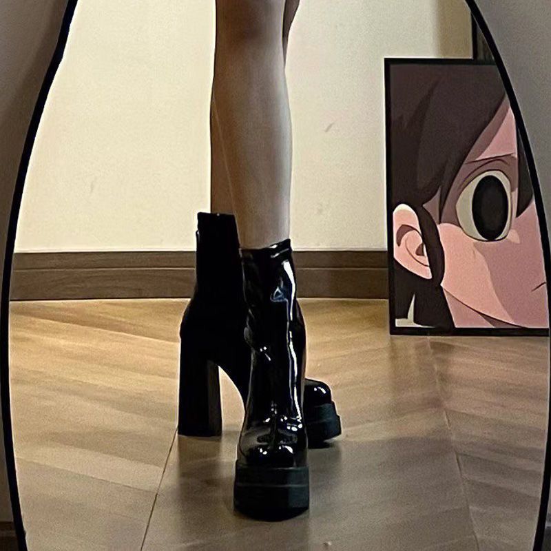 【小扬哥推荐】皮尔世绅高跟黑色瘦瘦短靴女2023新款秋冬小众粗跟