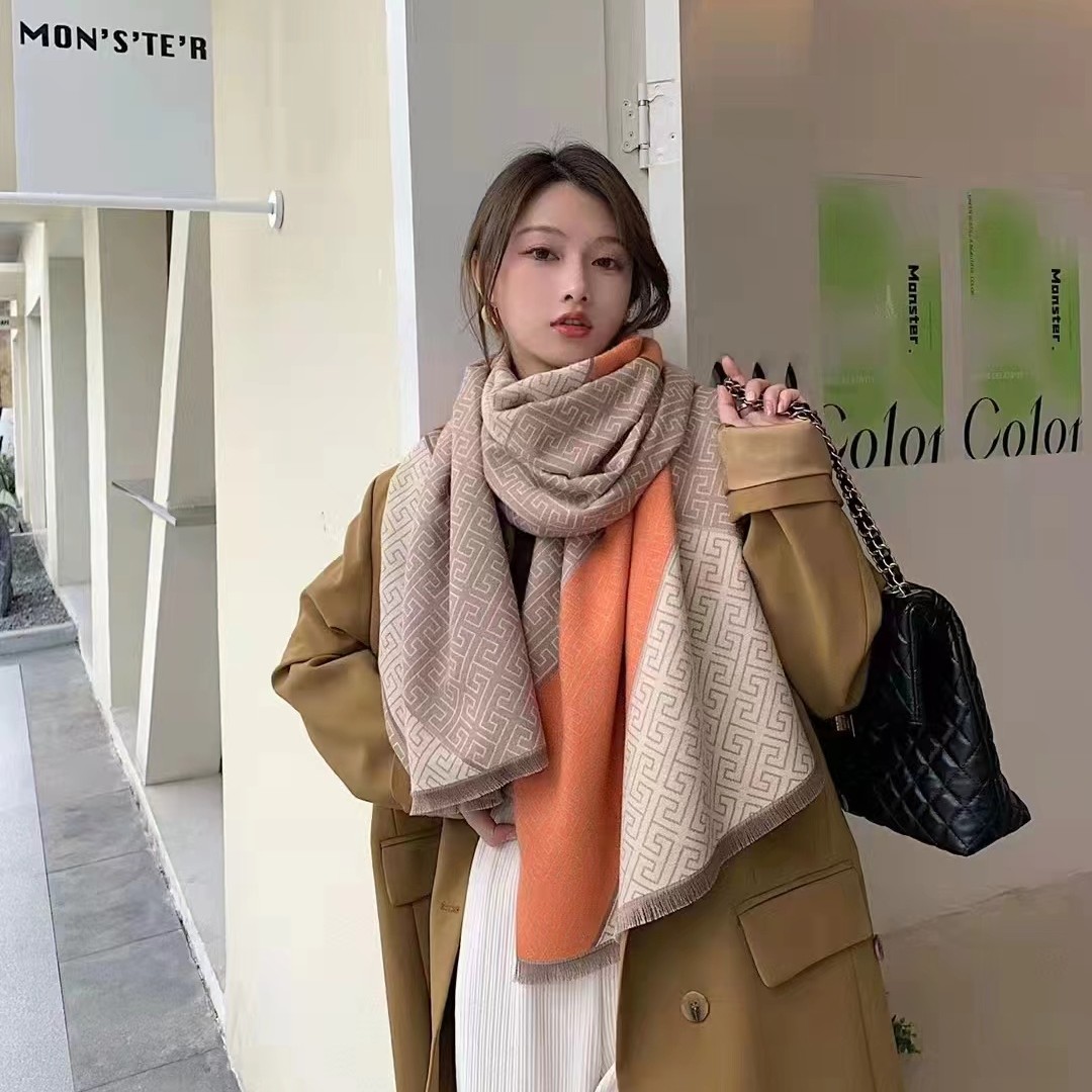 内蒙古厂家直邮时尚双面羊绒围巾保暖披肩70✖️180CM 拼色迷宫格