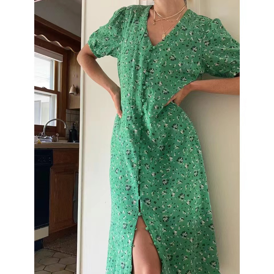 专柜撤柜牌牌女装夏季新款碎花显瘦气质轻奢开叉连衣裙