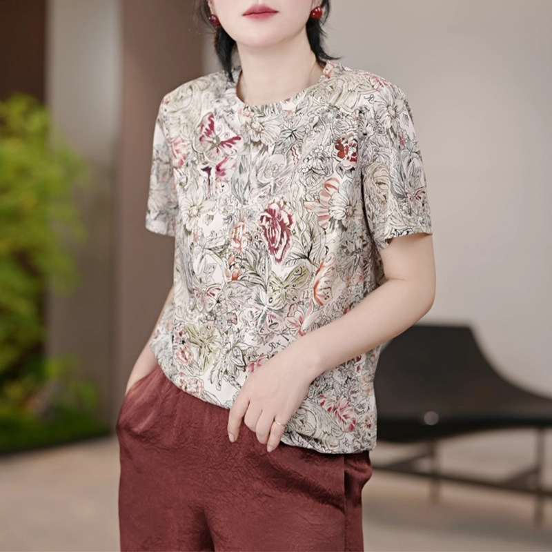 “薄雾玫瑰”气质时尚洋气百搭夏季印花T恤/5577