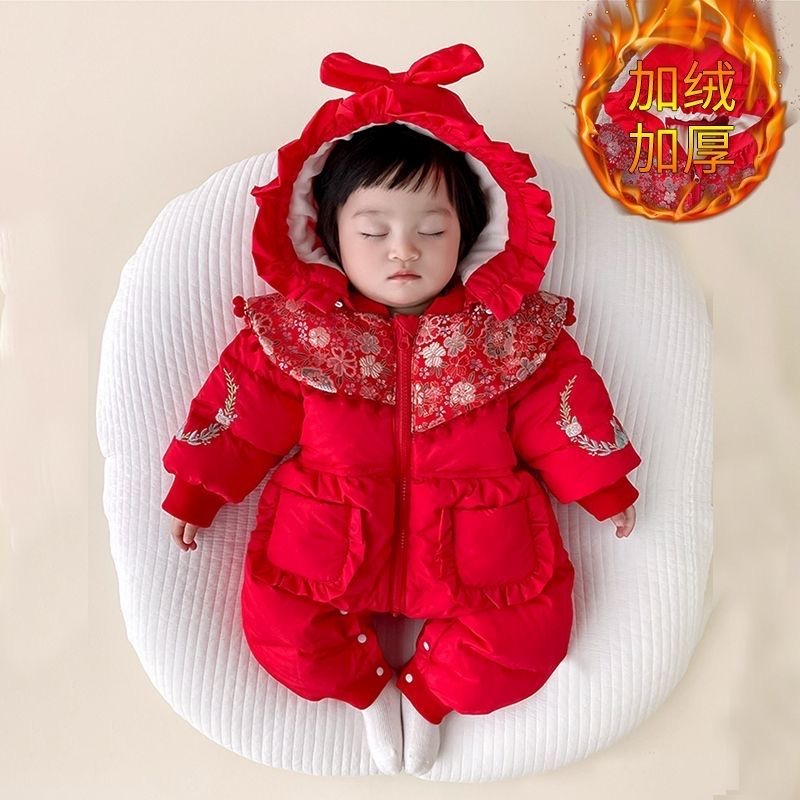 婴儿冬季衣服加厚冬装红色满月连体衣宝宝加绒周岁中国拜年外出服