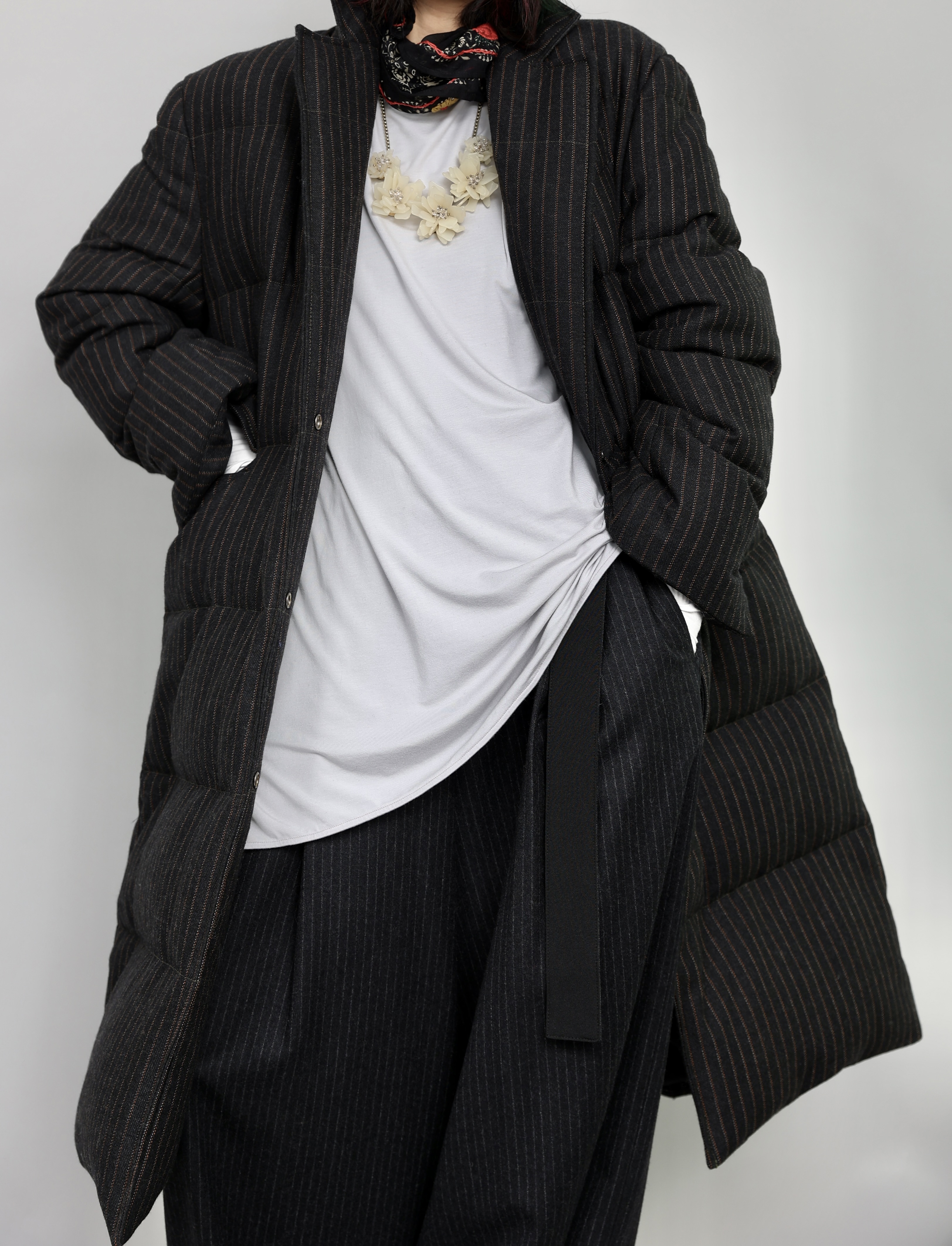 设计师原创设计条纹宽松复古休闲黑色时尚中长款西装款保暖棉服