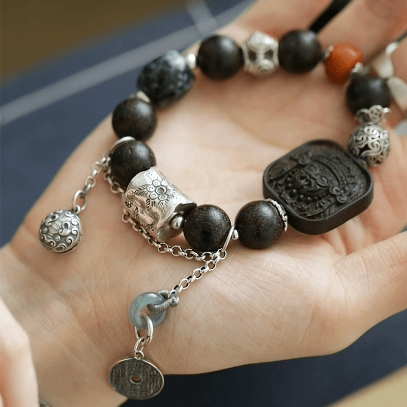 925银手链 柒 s08104 复古蜜蜜香香扎基拉姆方牌翠翠弹力绳手串