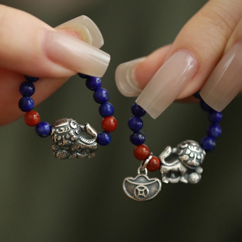 925银戒指 J11514  醒狮青青石圆珠弹力戒指