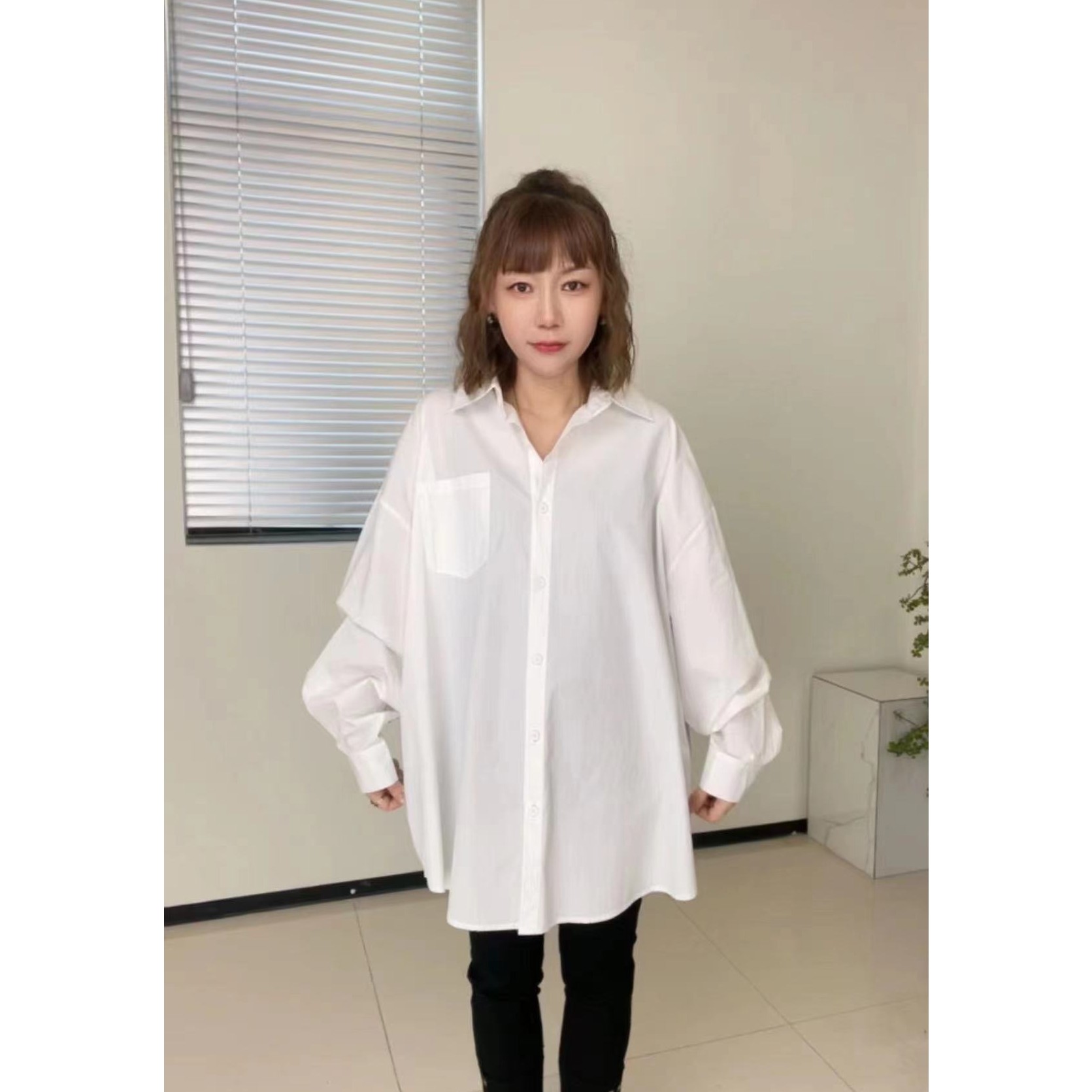 2025早春季302#衬衫#黑白色长袖衬衫中长款宽松大版时尚百搭女装