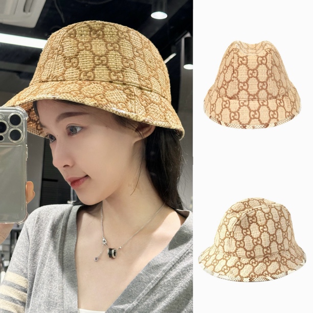 全新未使用 GUCCI/古驰 蛇皮双g老花渔夫帽度假乌木色帽子