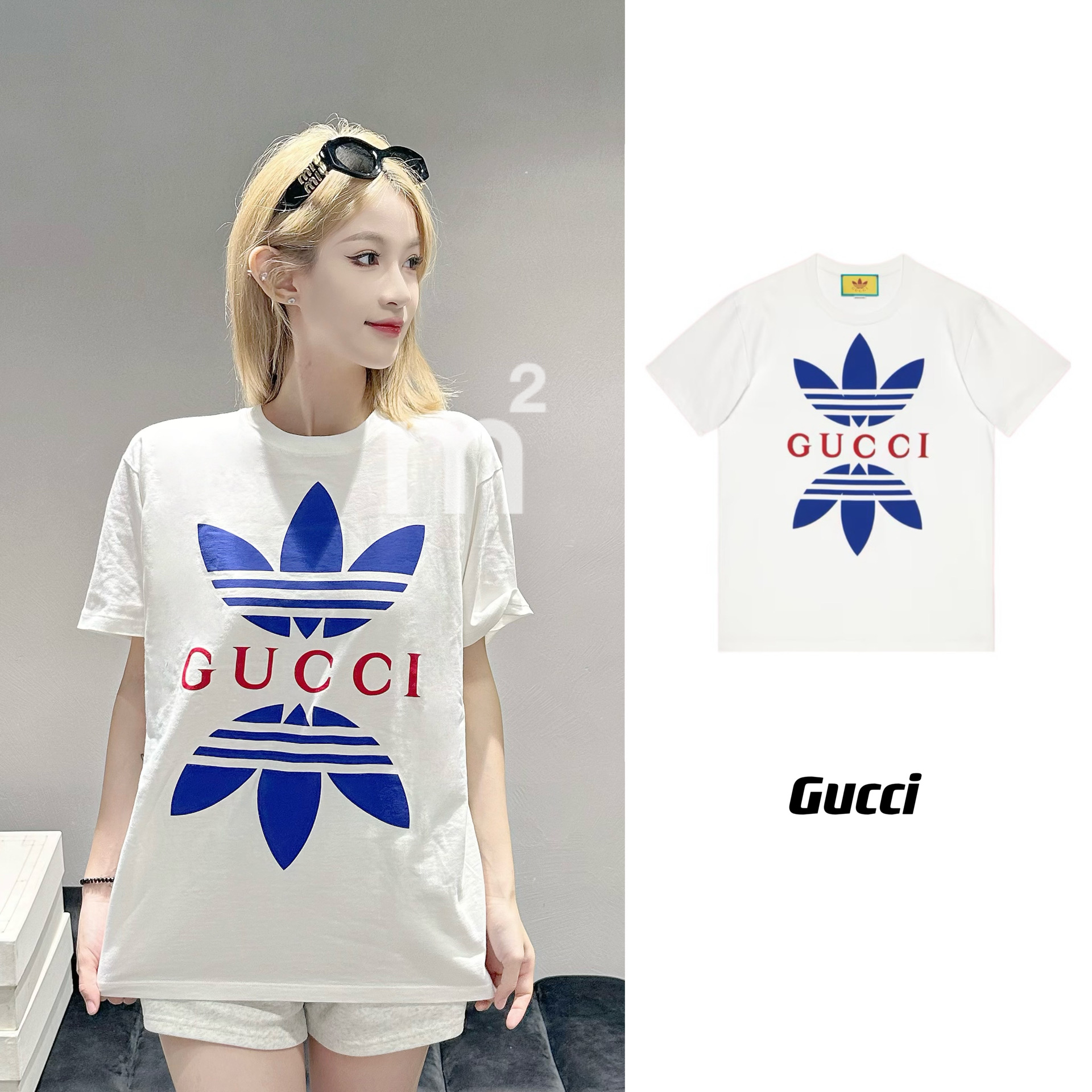 未使用 GUCCI/古驰 Adidas联名系列白蓝三叶草短袖t恤