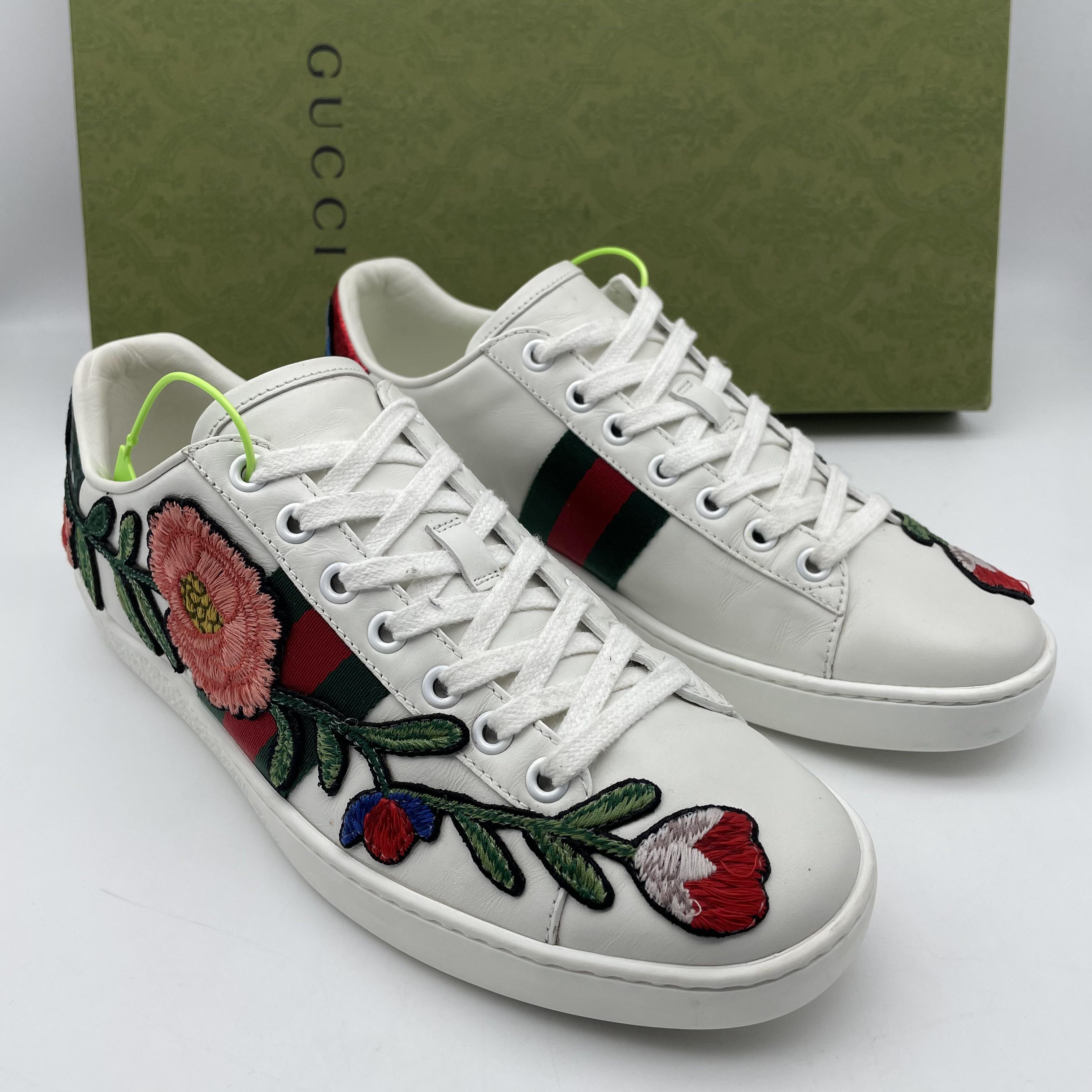 95新 GUCCI/古驰  /37.5欧码（领星甄选）二手白色刺绣花卉板鞋