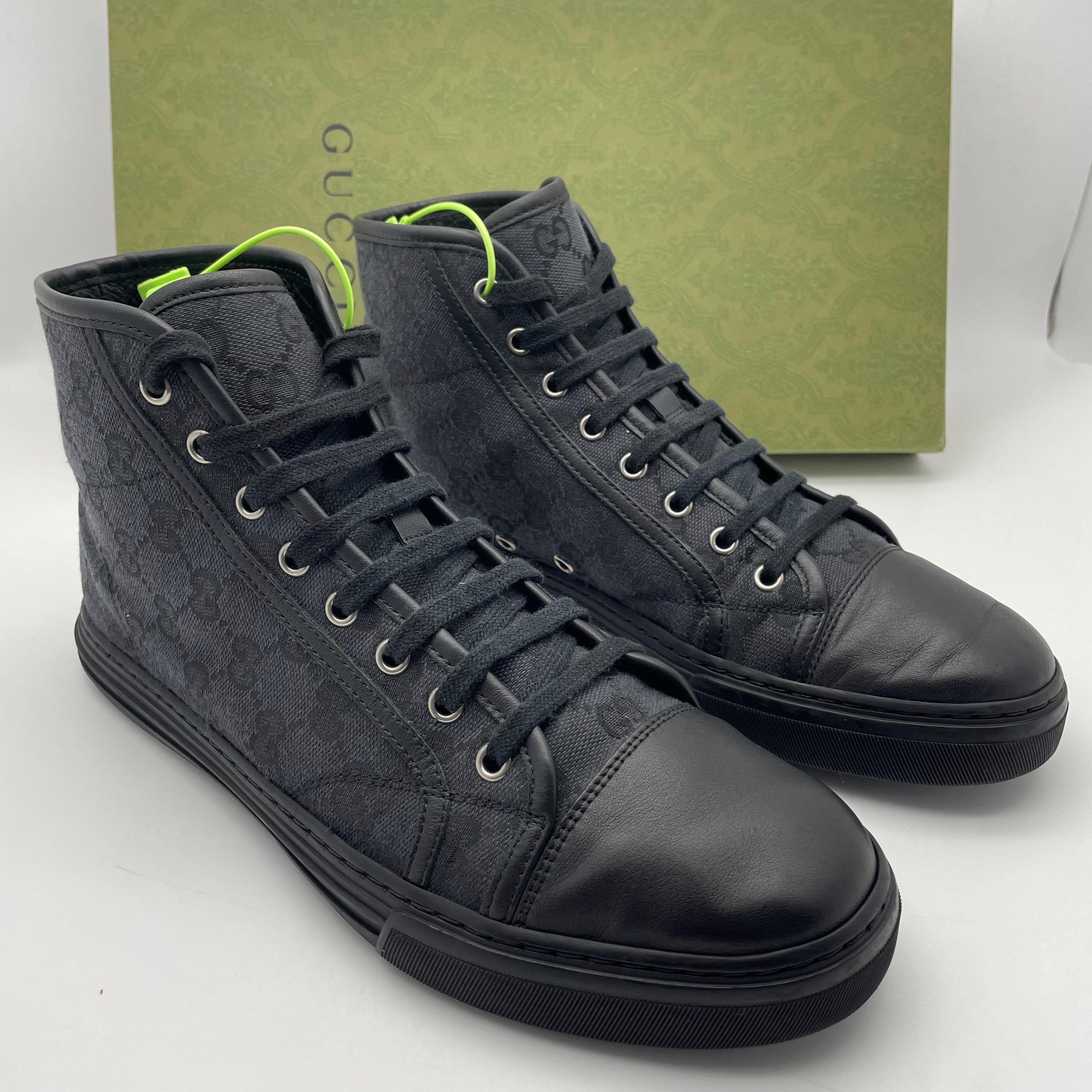 95新 GUCCI/古驰 41.5欧码 二手男士双G帆布高帮休闲时尚潮流板鞋