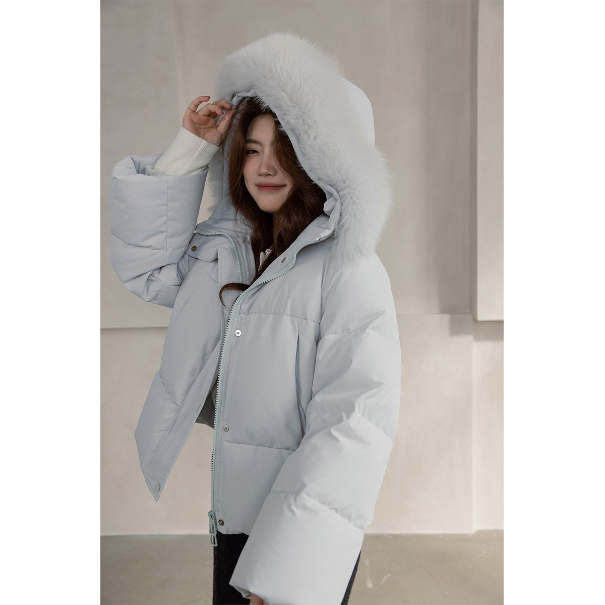脚趾筋小方糖羽绒服 90白鸭绒狐狸毛领|微胖mm单排扣连帽毛领外套
