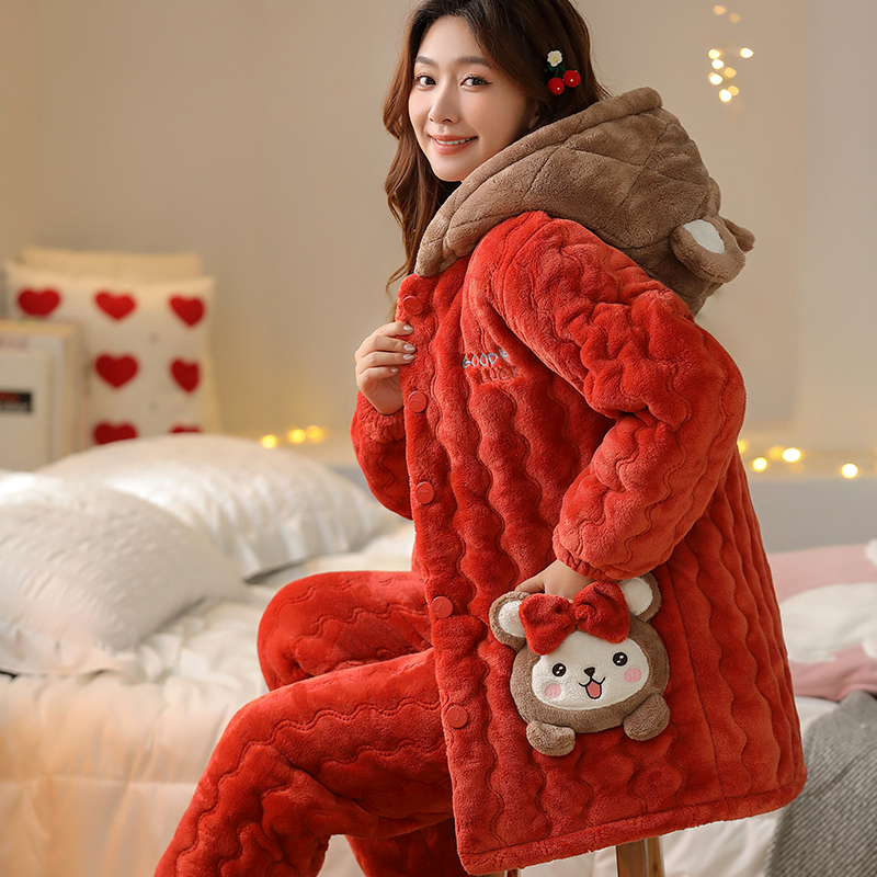 【芬诗芸】冬季三层夹棉加绒加厚保暖连帽中长款棉衣女士家居服套装