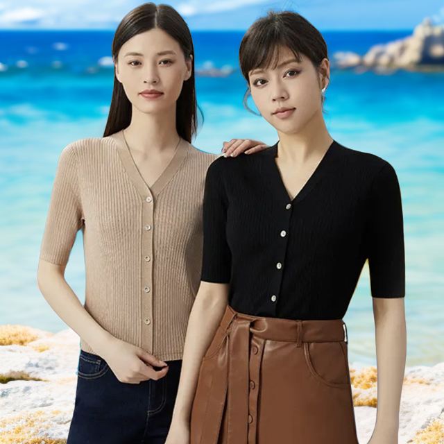 商场同款款2023夏季V领坑条短袖针织冰丝开衫针织衫女上衣A400870