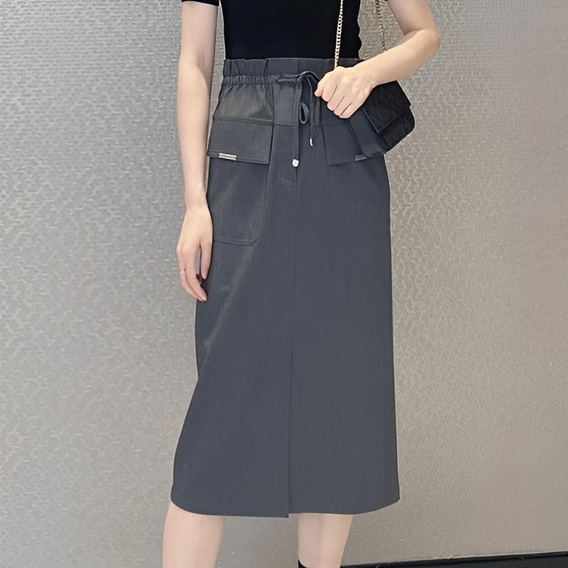 商场同款2024春夏新款高腰抽绳花苞腰开叉中长款半身裙女1200331