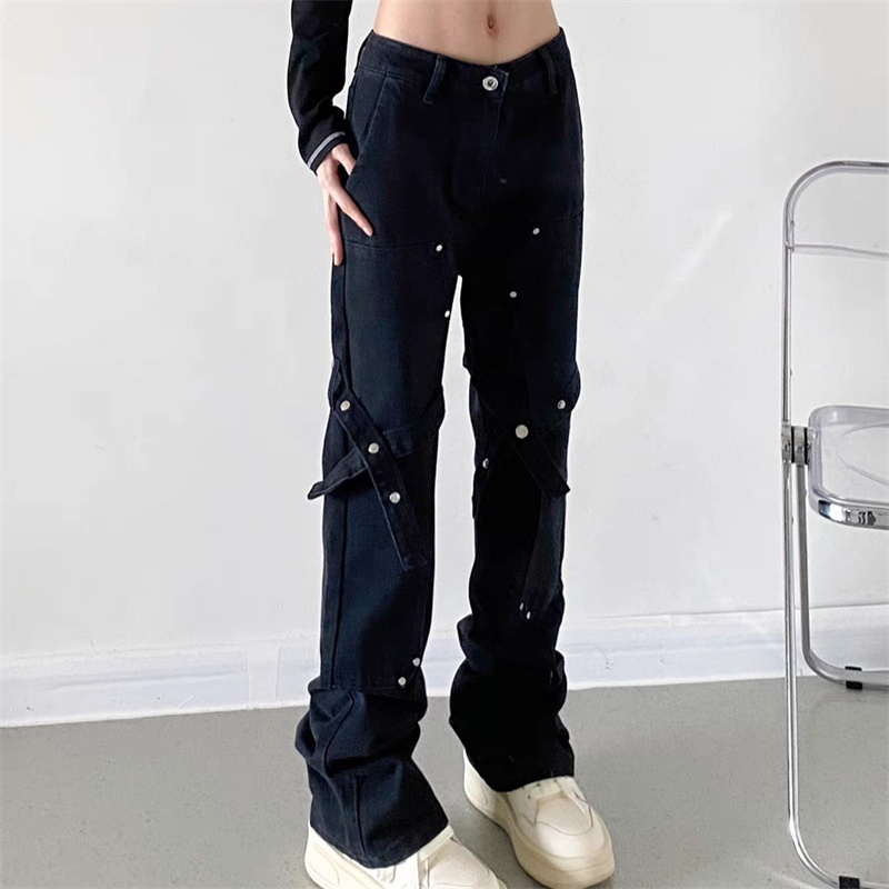 美式高街绑带直筒牛仔裤男黑色微喇叭工装裤显瘦休闲裤子