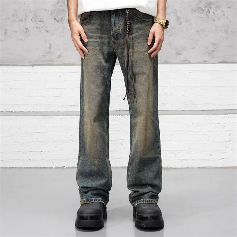 重磅水洗复古蓝色牛仔裤2023新款微喇叭坠感嘻哈cleanfit裤子