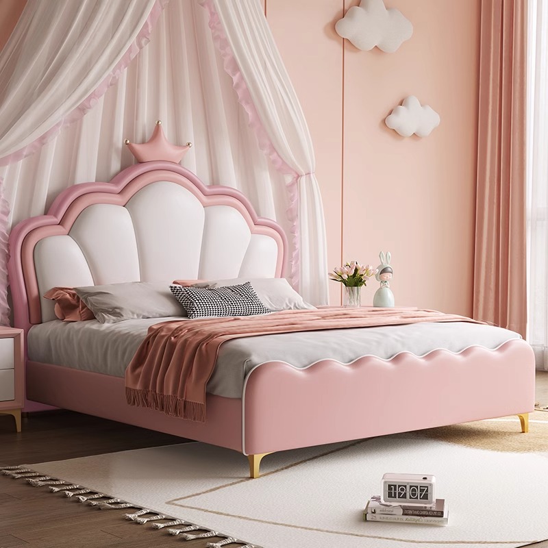 【皇冠公主床】儿童床女孩粉色少女1.35米儿童房皮床青少年单人床
