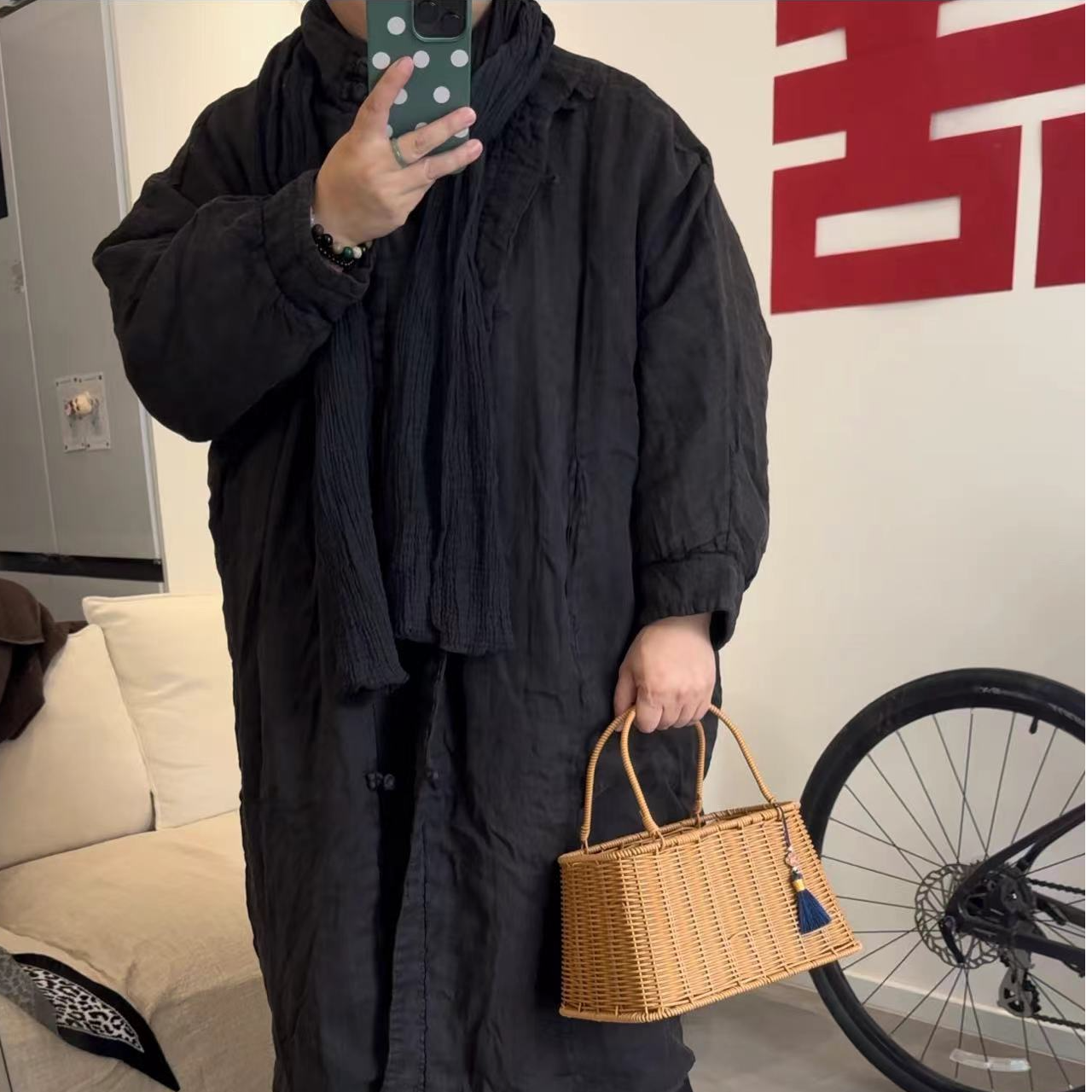 2024冬款老布麻料夹棉长款外套