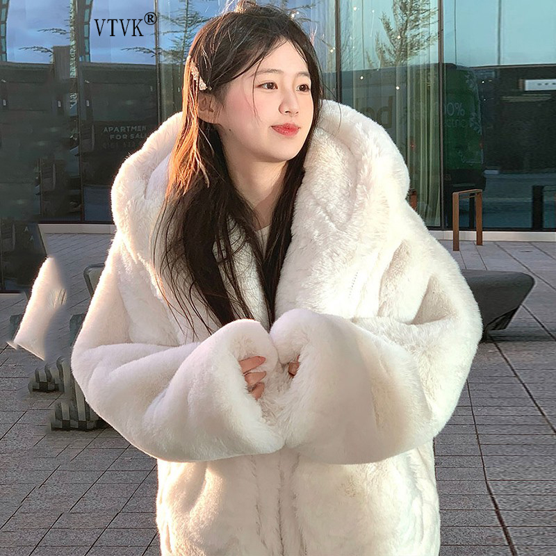 VTVK宽松毛毛保暖外套女冬季2023新款中长款加厚毛茸茸毛绒大衣