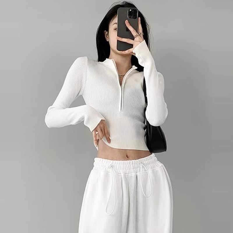 2025春秋新款高级感紧身拉链毛衣针织衫女冬短款内搭修身打底上衣