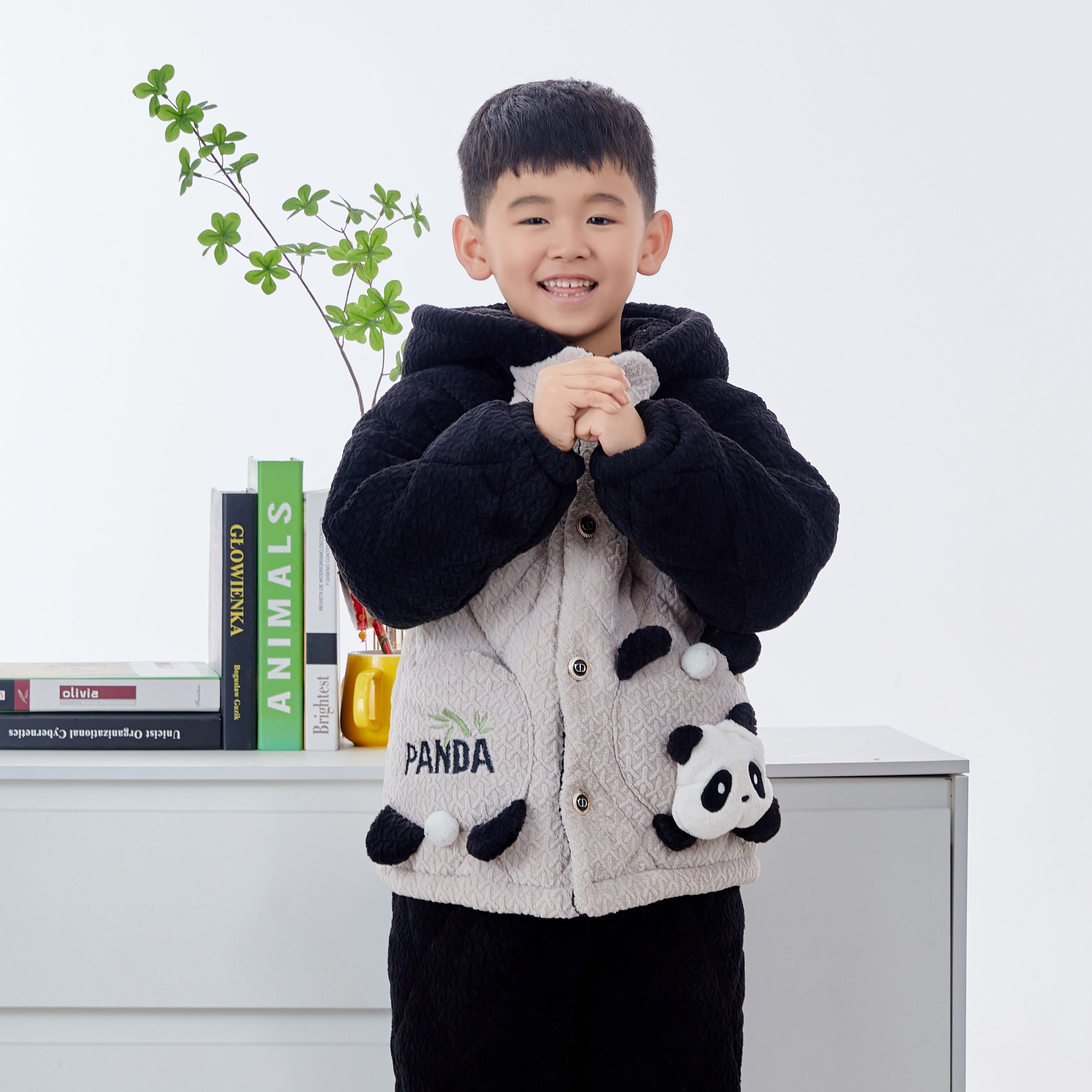 新款冬季儿童男睡衣时尚加厚三层夹棉宝宝连帽保暖家居服套装学生