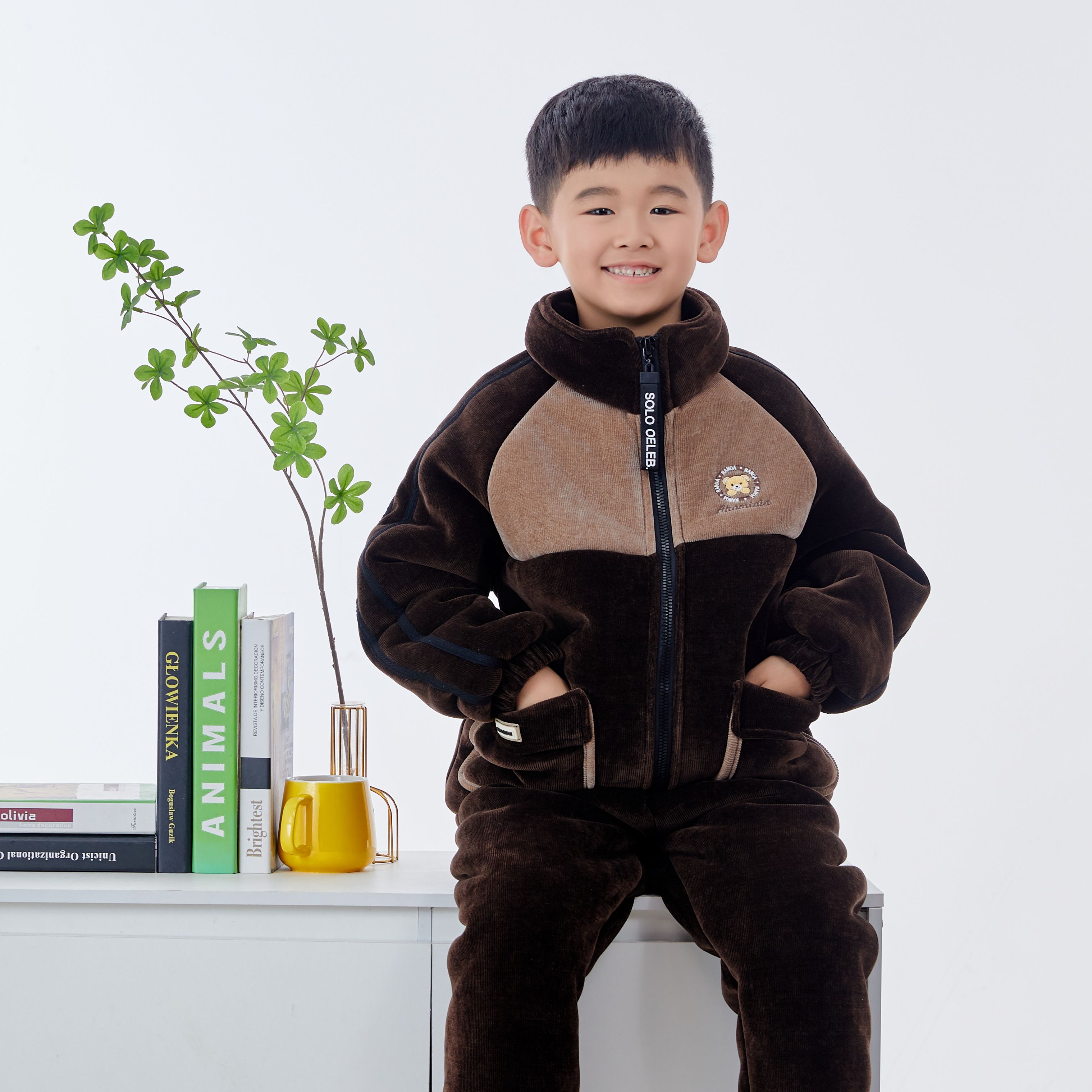 新款冬季儿童男睡衣时尚加厚三层复合中童连帽保暖家居服套装学生