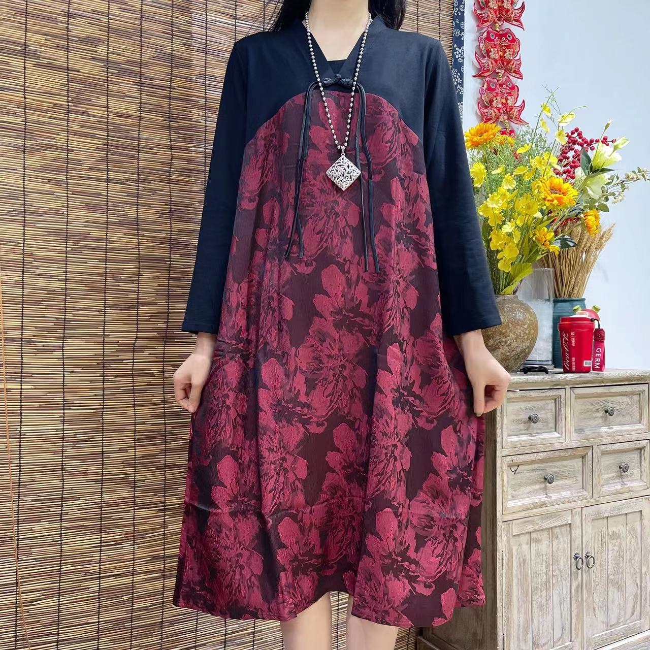 9964春秋新款气质国风优雅减龄长袖连衣裙