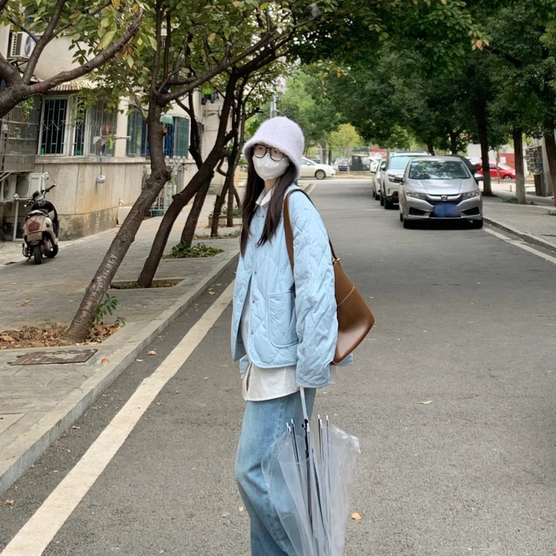 【609】2023新款短款棉服女冬季小个子时尚韩版轻薄菱格无领外套