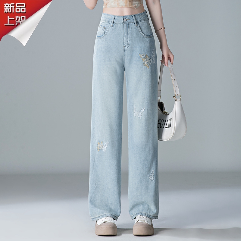 品牌夏季垂感牛仔裤高腰显瘦女休闲薄款阔腿裤新款时尚水洗直筒裤