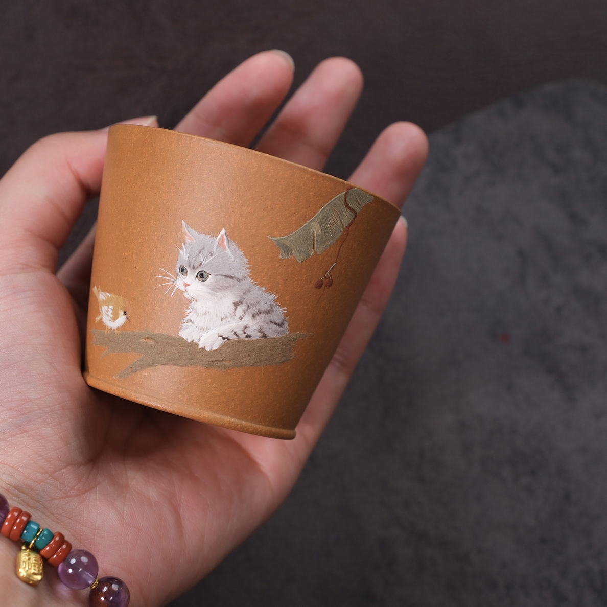 静心杯【动物世界】财猫双全降坡泥100CC主人杯手绘紫砂杯茶杯