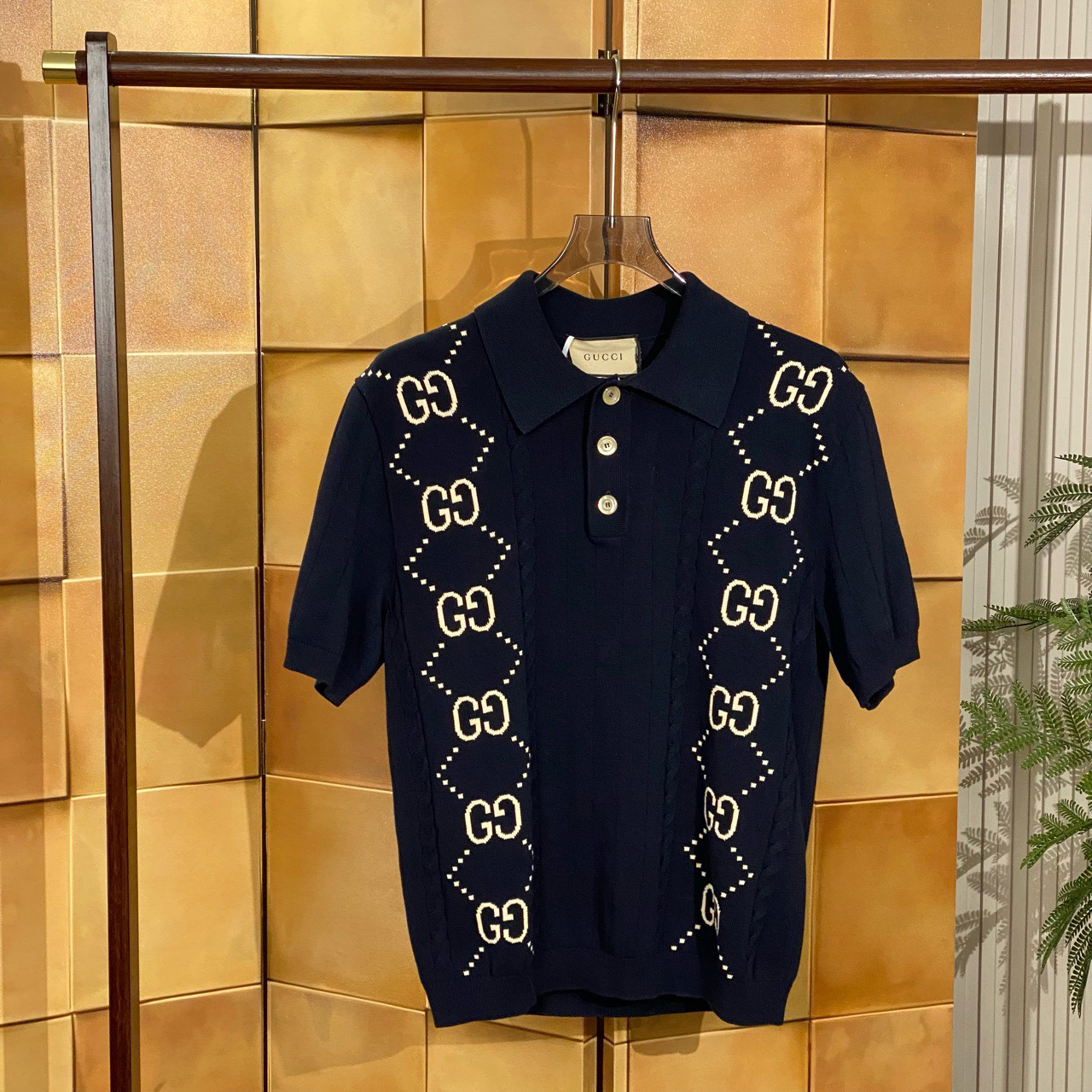 Gucci 深蓝色双G几何针织polo短袖/s码/99新/20697