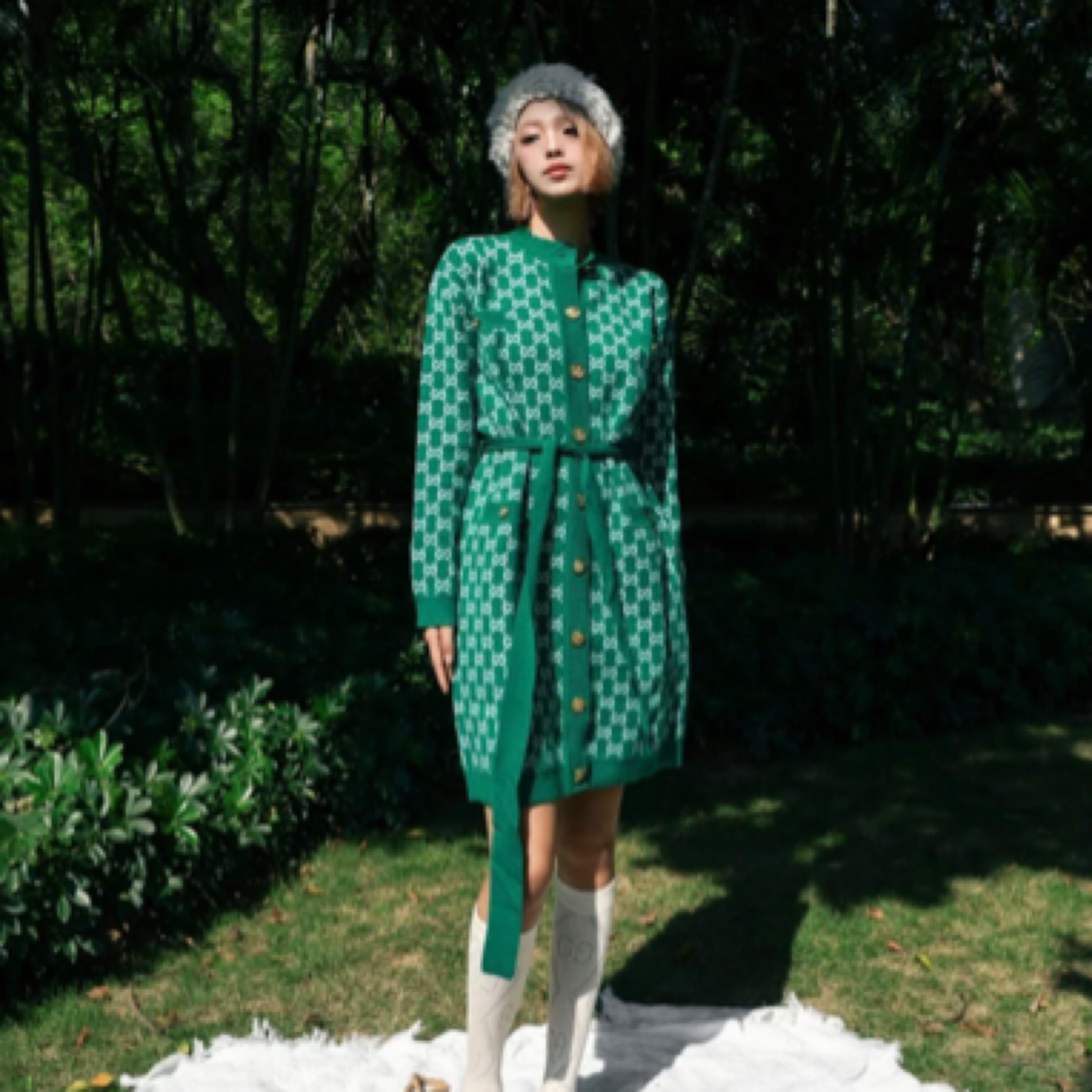 Gucci 爆款绿色老花满印长款羊毛开衫外套/s码/99新/26232