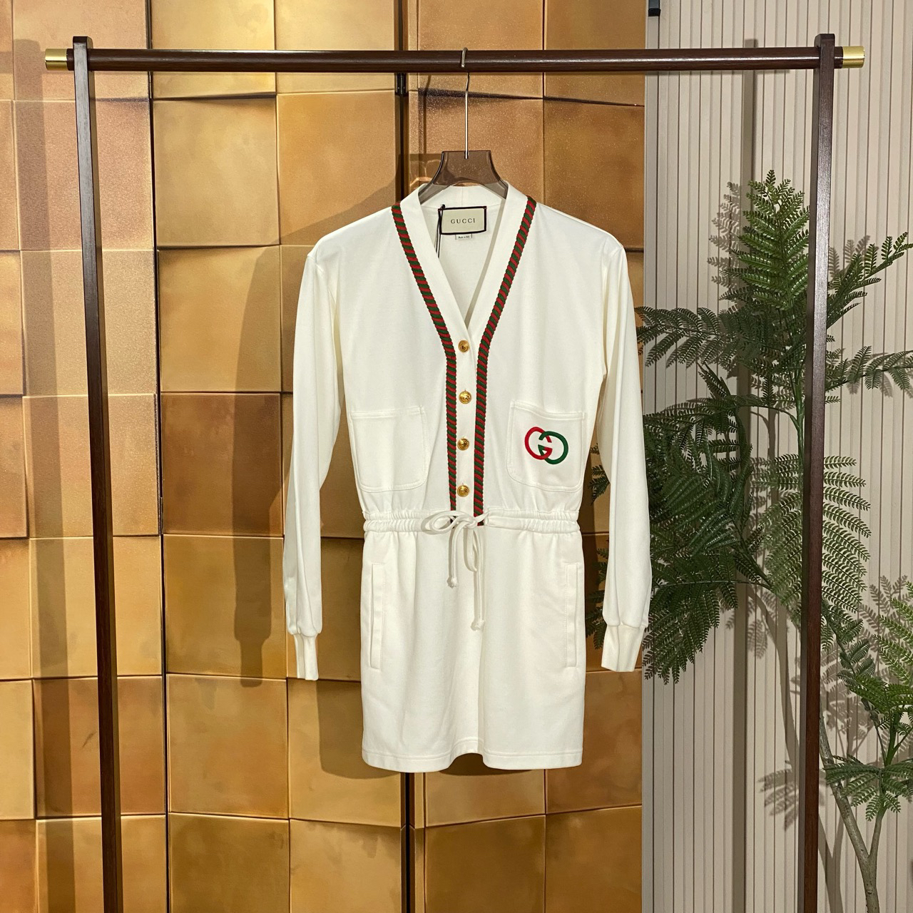Gucci白色刺绣双环logo拼色条纹连衣裙/xs码/全新带吊/女23082