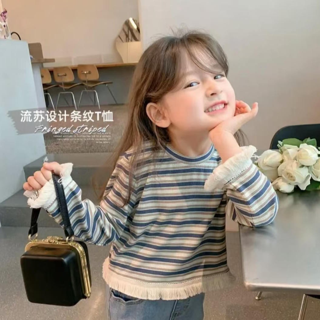 女童儿童长袖宝宝流苏上衣儿童条纹上衣女宝洋气打底韩版潮小童