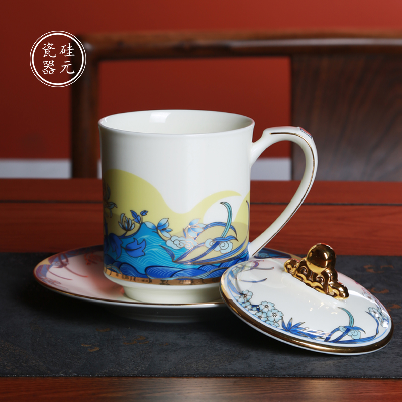 硅元瓷器 仁道杯带盖国潮描金