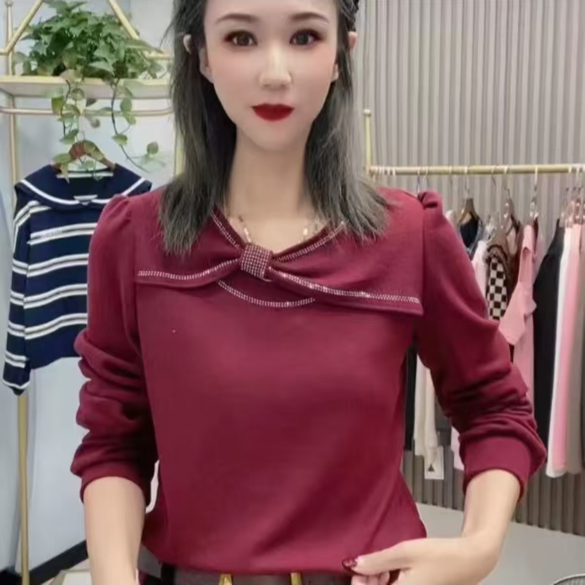 2024秋季爆款蝴蝶结烫钻打底T恤女韩版遮肚子减龄百搭外穿上衣潮