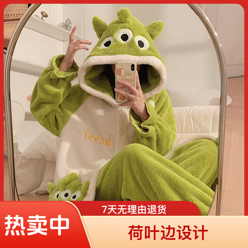 睡衣女秋冬季法兰绒加厚加绒睡袍长款保暖套装可爱珊瑚绒家居服