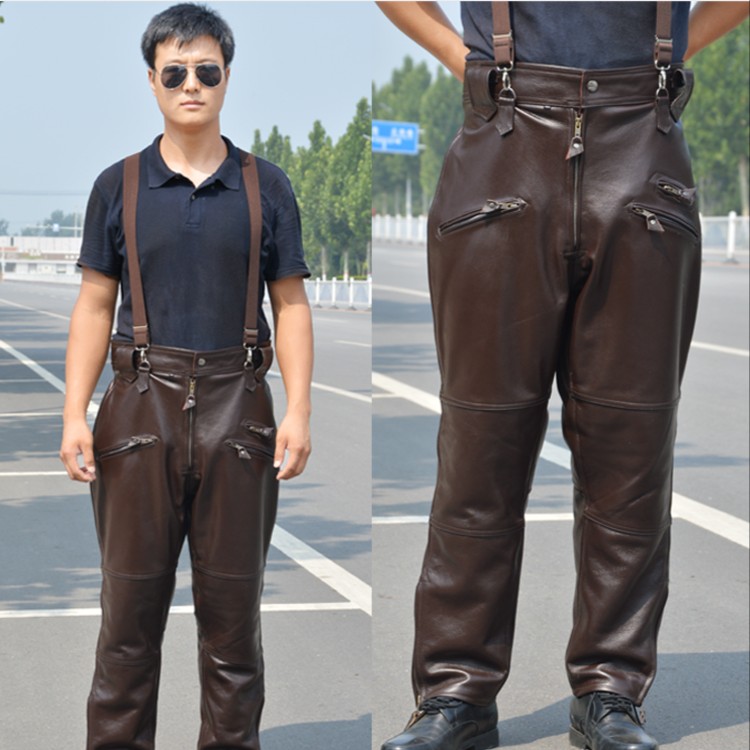 真皮皮裤男士冬季户外机车摩托车牛皮宽松高腰骑行防风马裤皮裤子