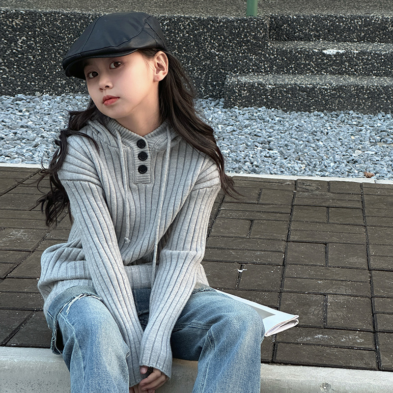 女童毛衣秋冬外穿2025时尚洋气女孩针织衫连帽上衣大童韩系打底衫