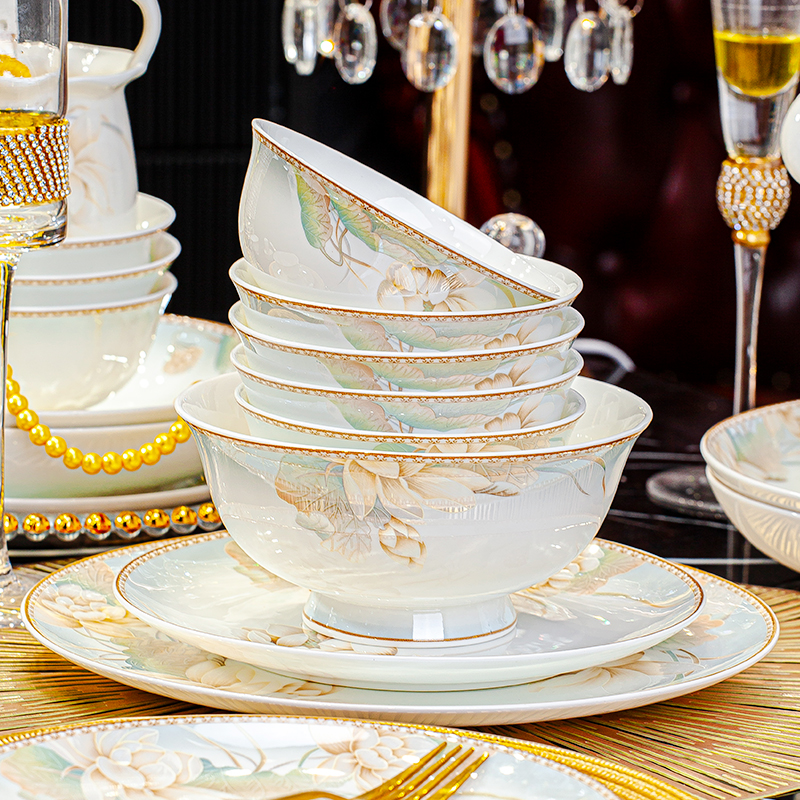 餐具套装2023新款景德镇中式轻奢乔迁陶瓷碗碟套装家用碗筷子组合