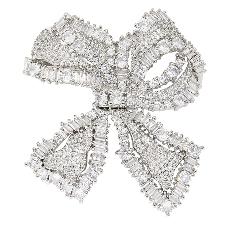 铜合金合成锆石胸针 9055 银色蝴蝶结 重工满锆胸花别针大衣配饰