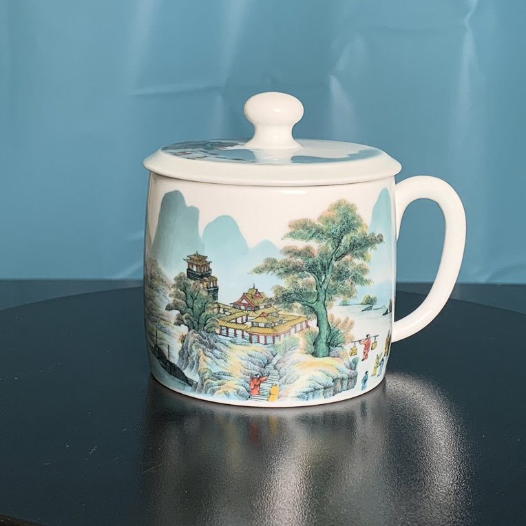 柴窑釉下陶瓷五彩山水盖杯白瓷复古茶杯茶具