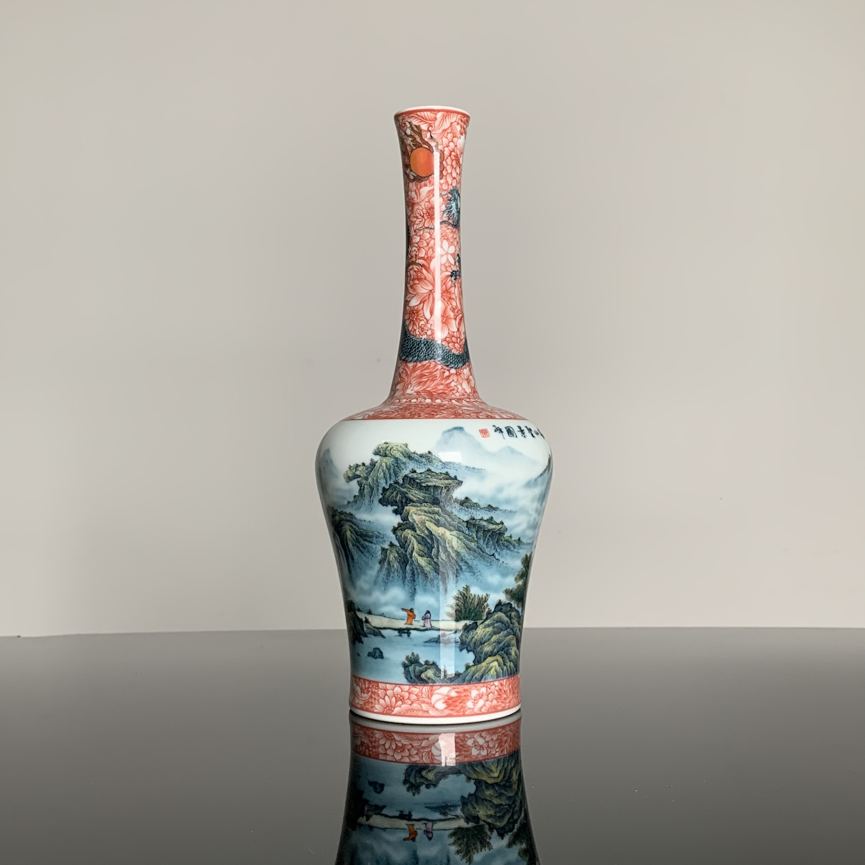 青远柴窑釉下五彩山水摇铃尊春山聖景图陶瓷龙纹花纹花瓶