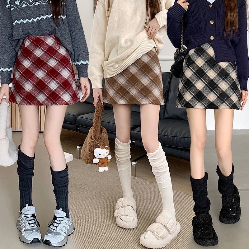 甜美秋裙春秋高腰学院风甜妹冬装裙装韩版半身裙秋冬皮裙毛呢牛仔