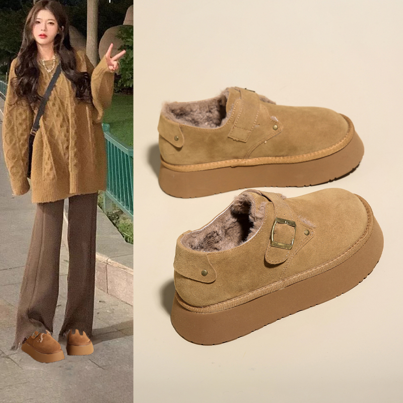 厚底豆豆鞋女秋冬季加绒女款雪地靴乐福棉鞋2024新款一脚蹬勃肯鞋