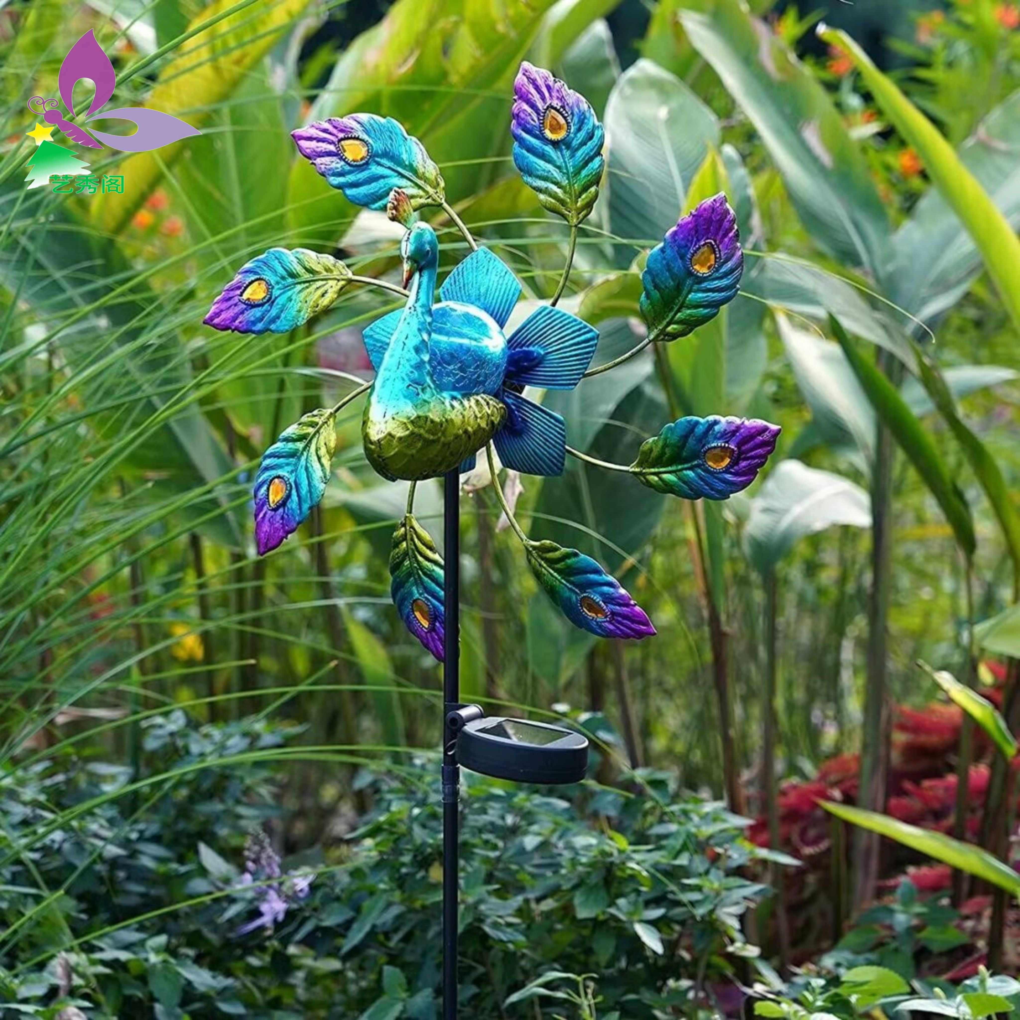 铁艺太阳能孔雀风车铁艺孔雀大风车花园庭院园林装饰风车插件