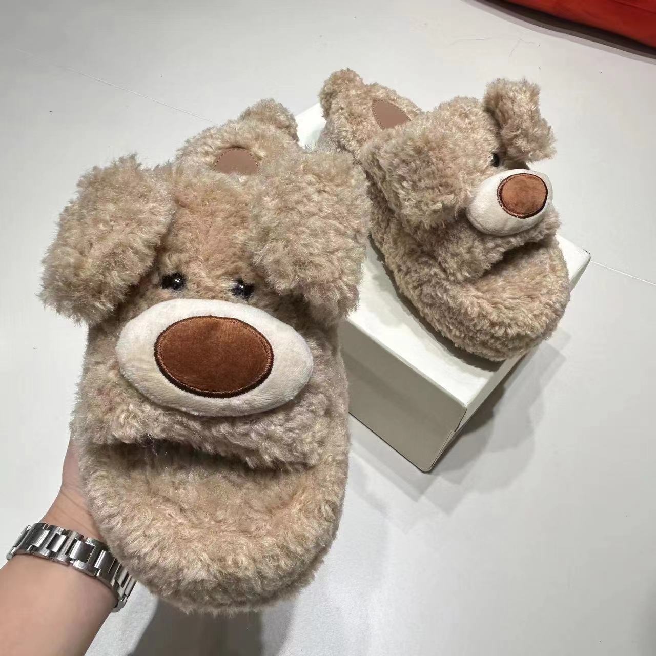 动耳小熊公仔毛绒一字拖拖鞋女