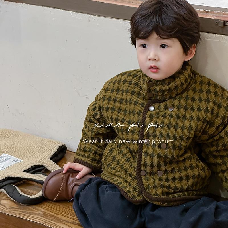 2023男童格子棉服新款秋冬款儿童装加绒加厚棉袄外套宝宝冬装棉衣