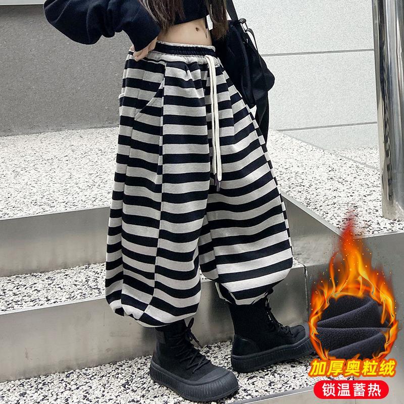 女童加绒裤子秋冬款2023新款儿童女大童条纹哈伦裤春秋宽松灯笼裤