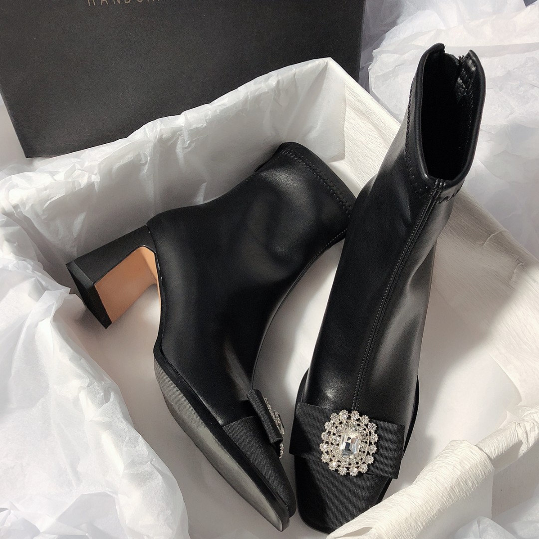 森屿海巷 粗跟方头拼色水钻弹力靴蝴蝶结简约绝美瘦瘦靴短靴大码