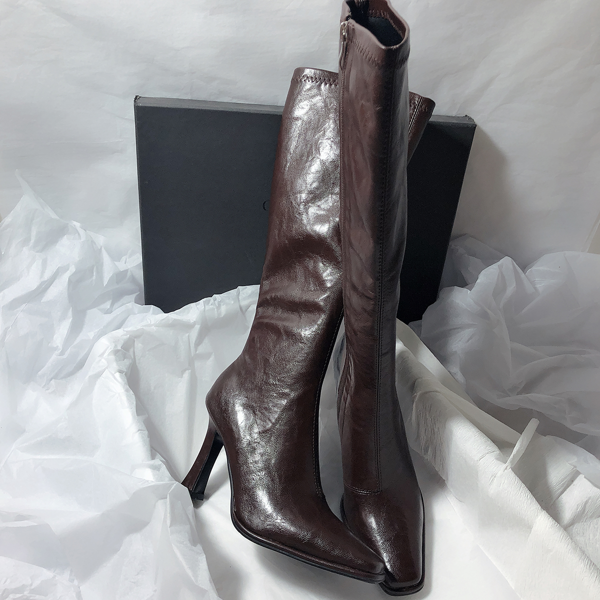 森屿海巷 拉链瘦瘦包腿纯色方头优雅通勤新款弹力高筒不过膝女靴